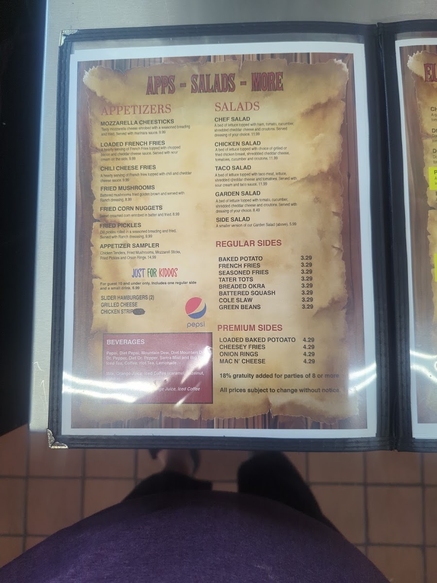Beasley's Parkway Restaurant menu board
