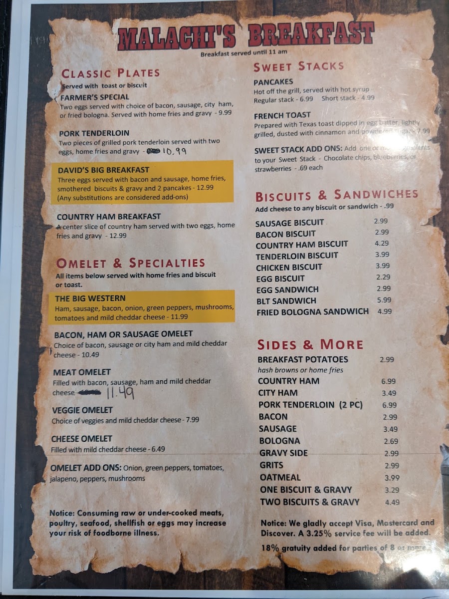 Beasley's Parkway Restaurant menu board