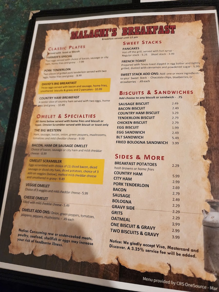 Beasley's Parkway Restaurant menu board