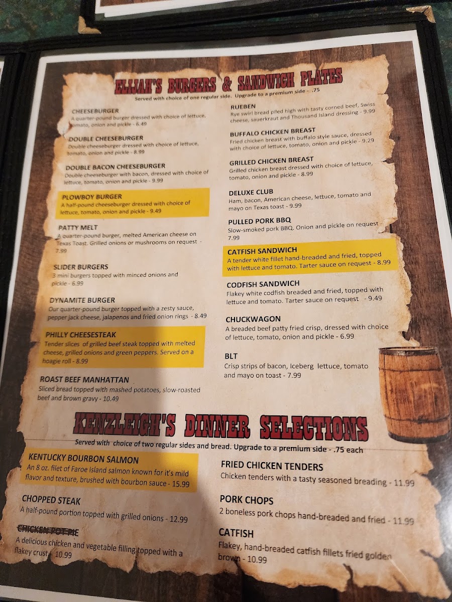 Beasley's Parkway Restaurant menu board