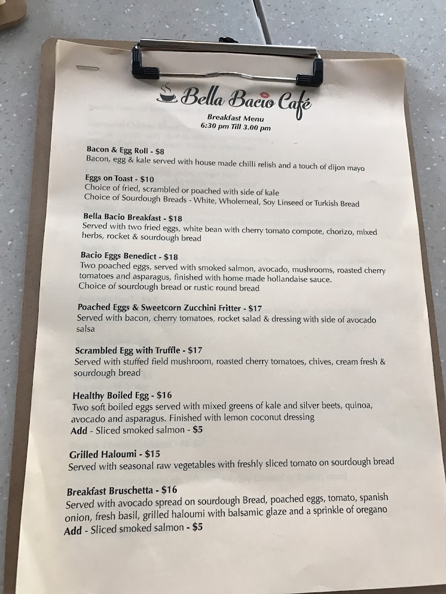 Bella Bacio Café menu board