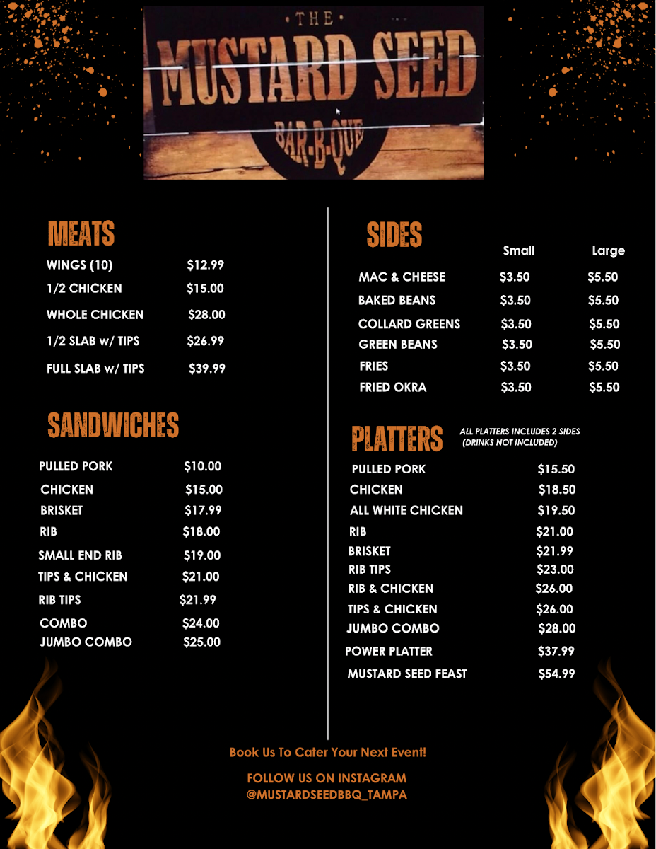 Mustard Seed BBQ Tampa menu board
