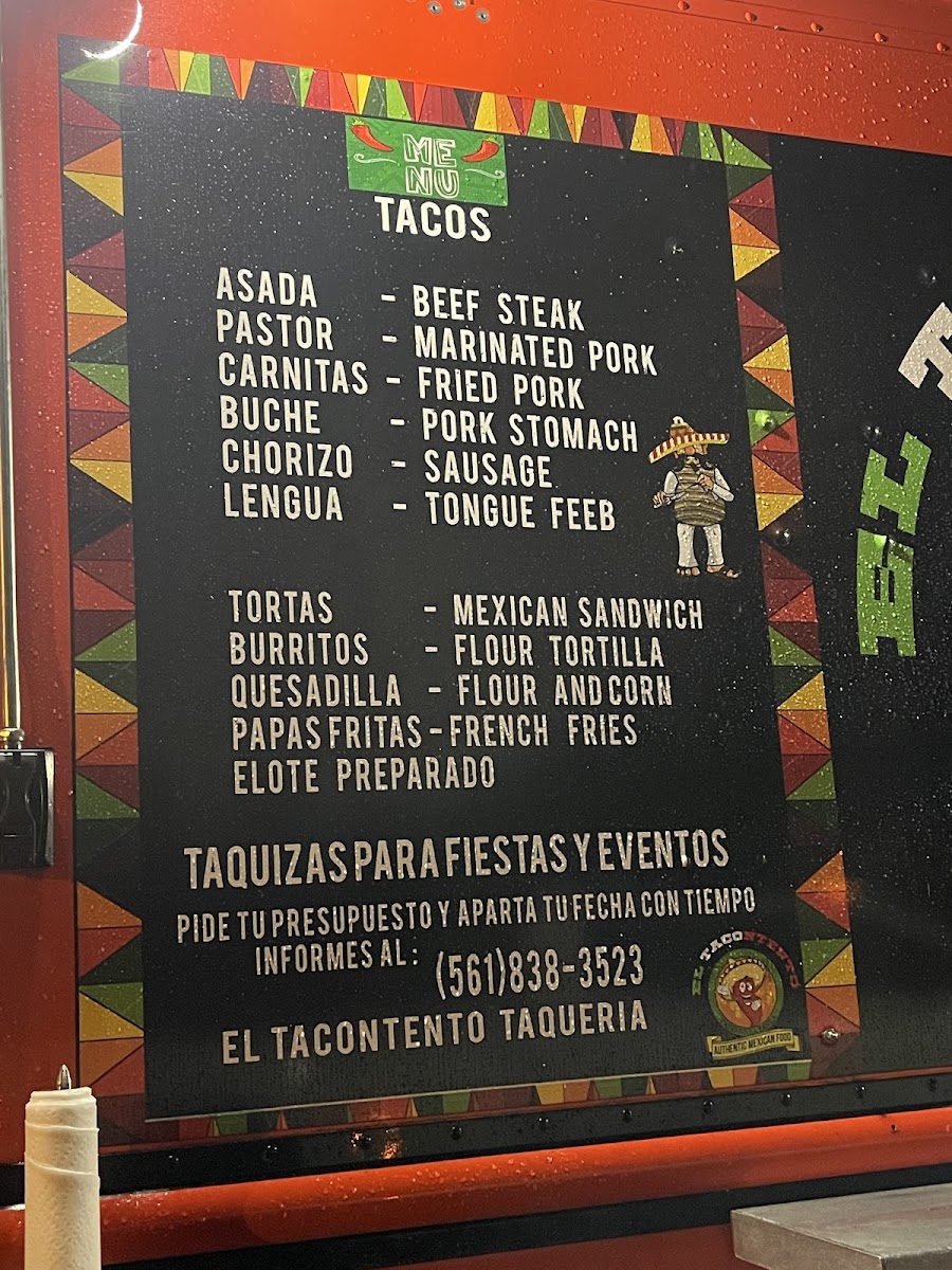El tacontento taqueria menu board