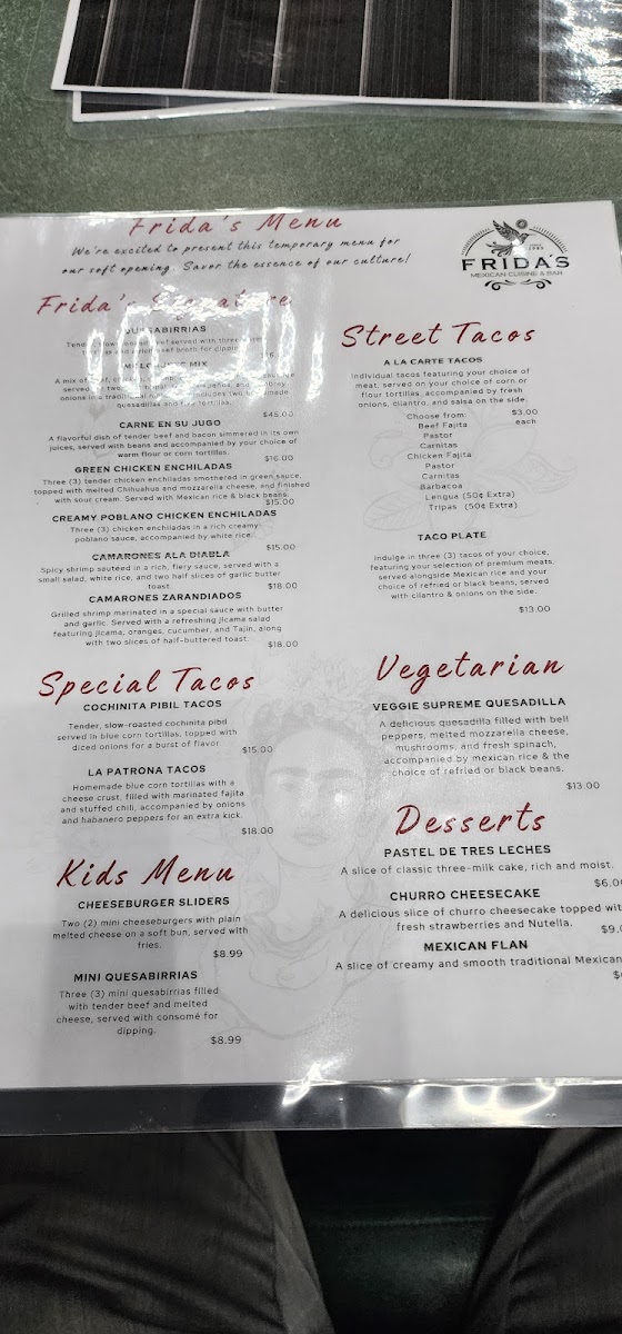 Frida's Mexican Cuisine & Bar menu board