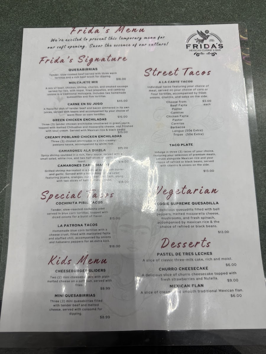 Frida's Mexican Cuisine & Bar menu board