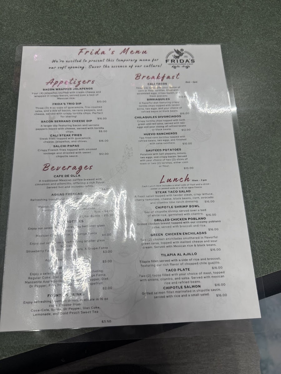 Frida's Mexican Cuisine & Bar menu board