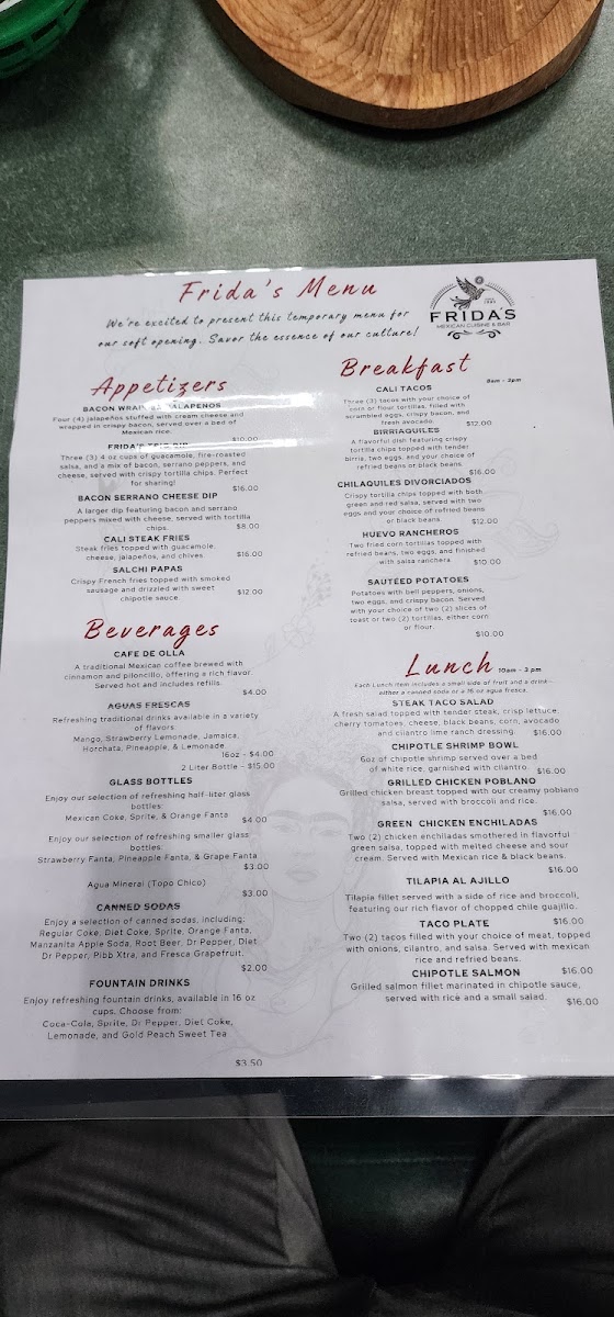 Frida's Mexican Cuisine & Bar menu board
