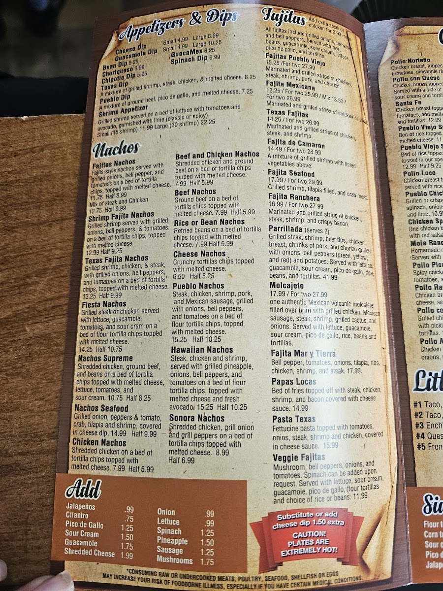 Pueblo Viejo Mexican Grill menu board