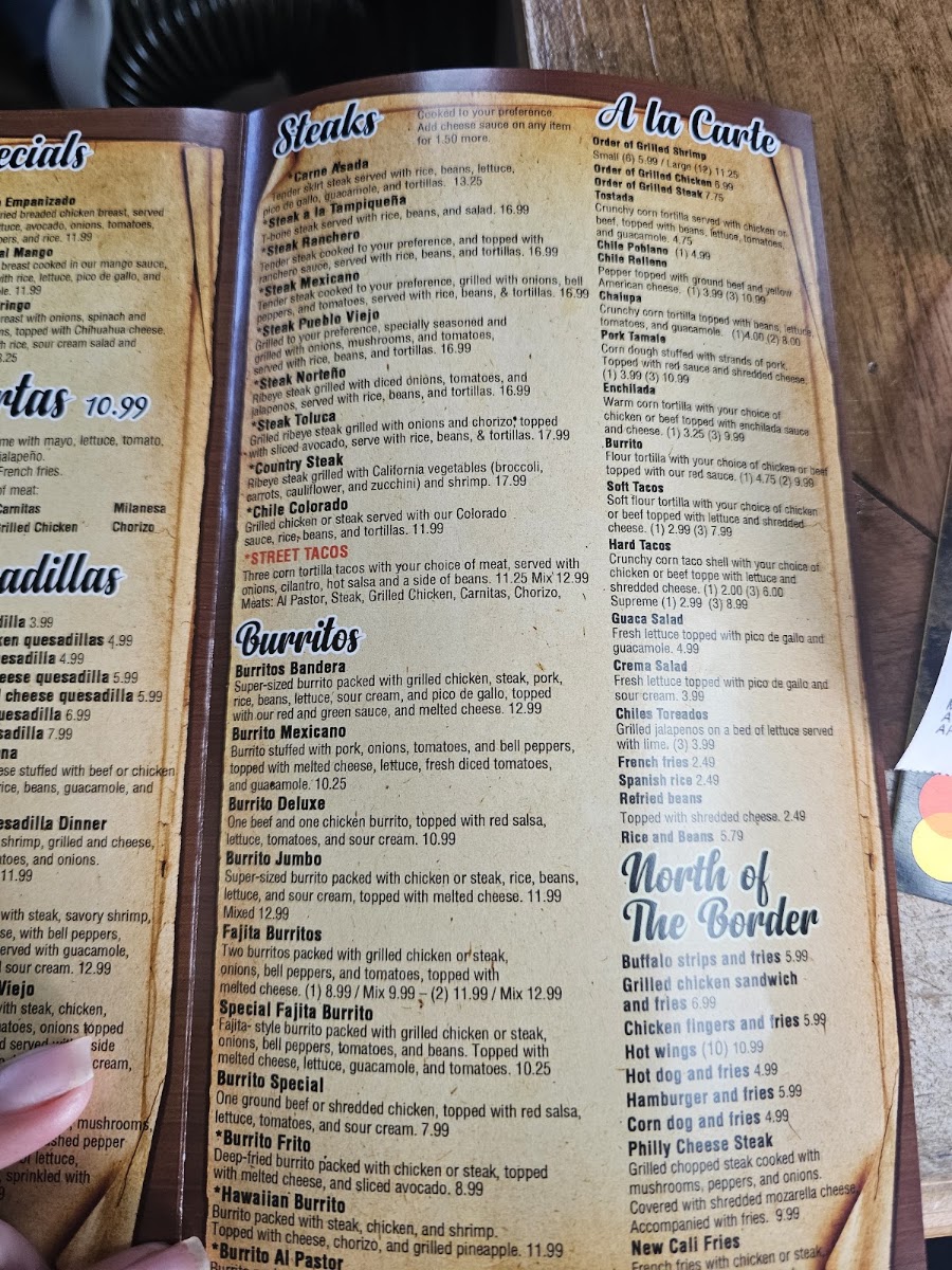 Pueblo Viejo Mexican Grill menu board