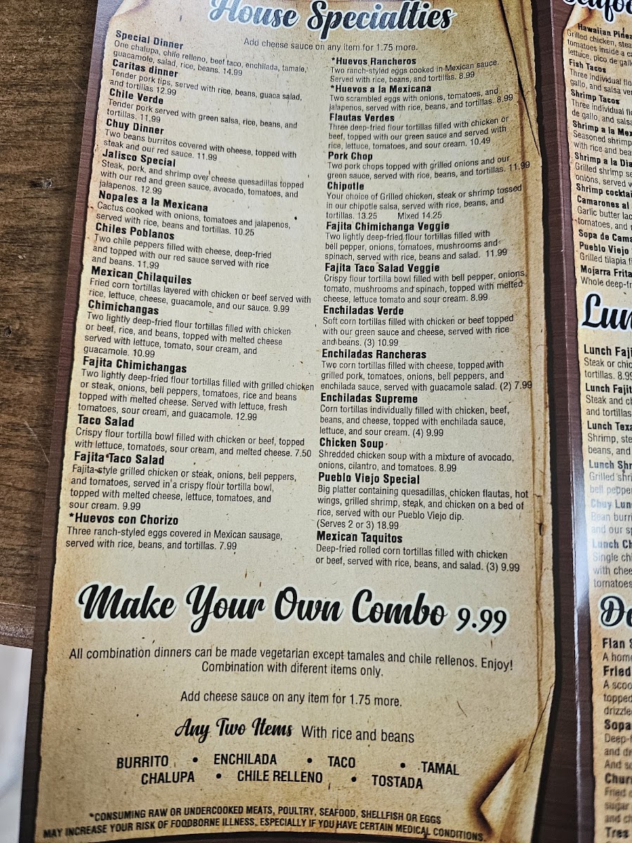 Pueblo Viejo Mexican Grill menu board