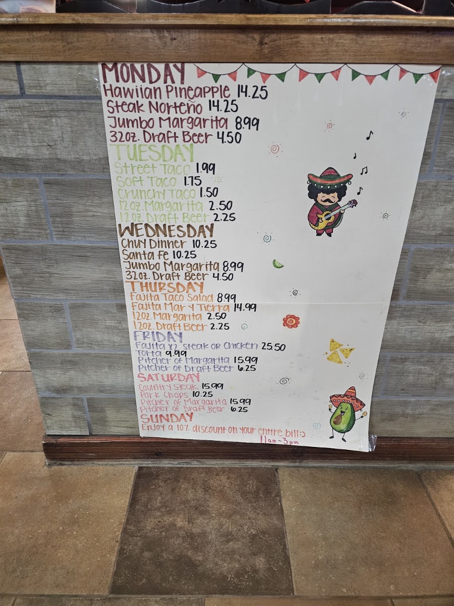 Pueblo Viejo Mexican Grill menu board