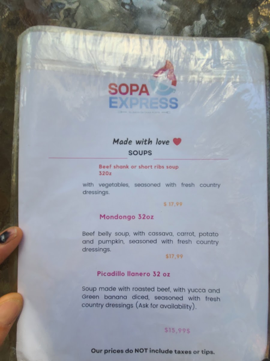 Carne en vara SopaExpress menu board
