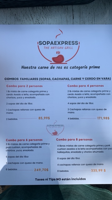 Carne en vara SopaExpress menu board