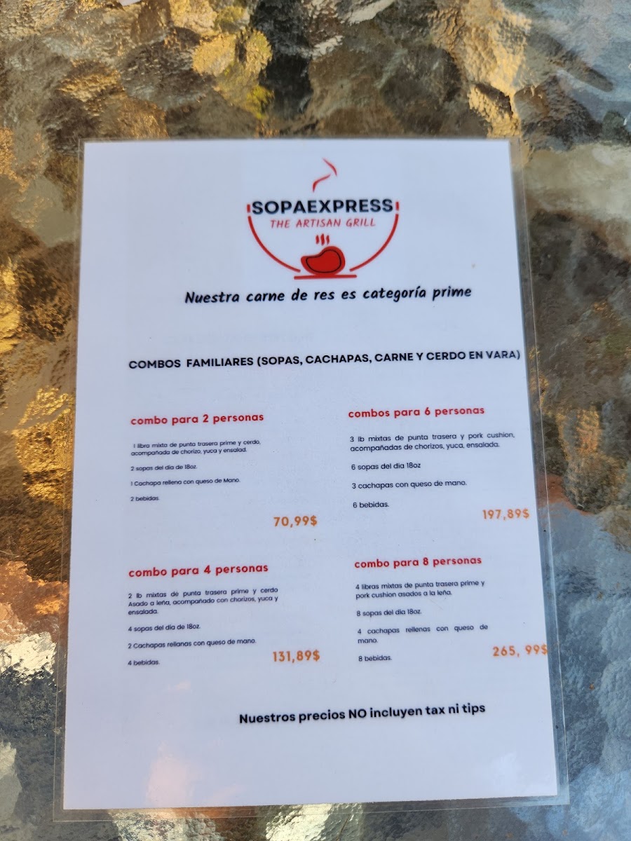 Carne en vara SopaExpress menu board