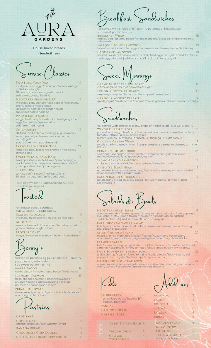 Aura Gardens menu board