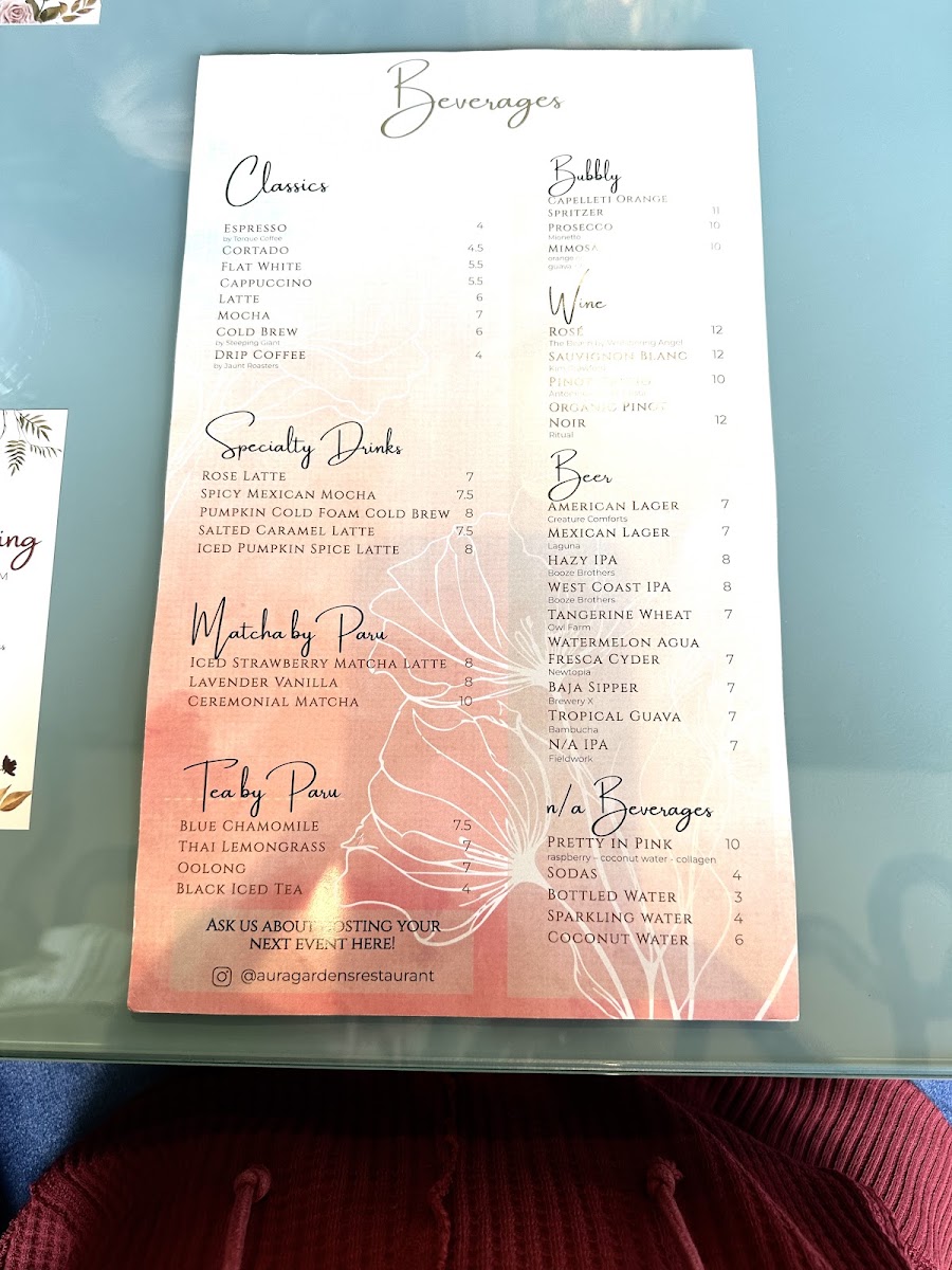 Aura Gardens menu board