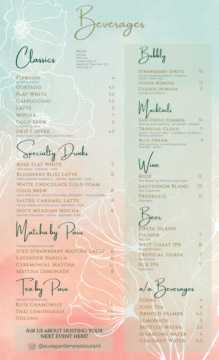 Aura Gardens menu board