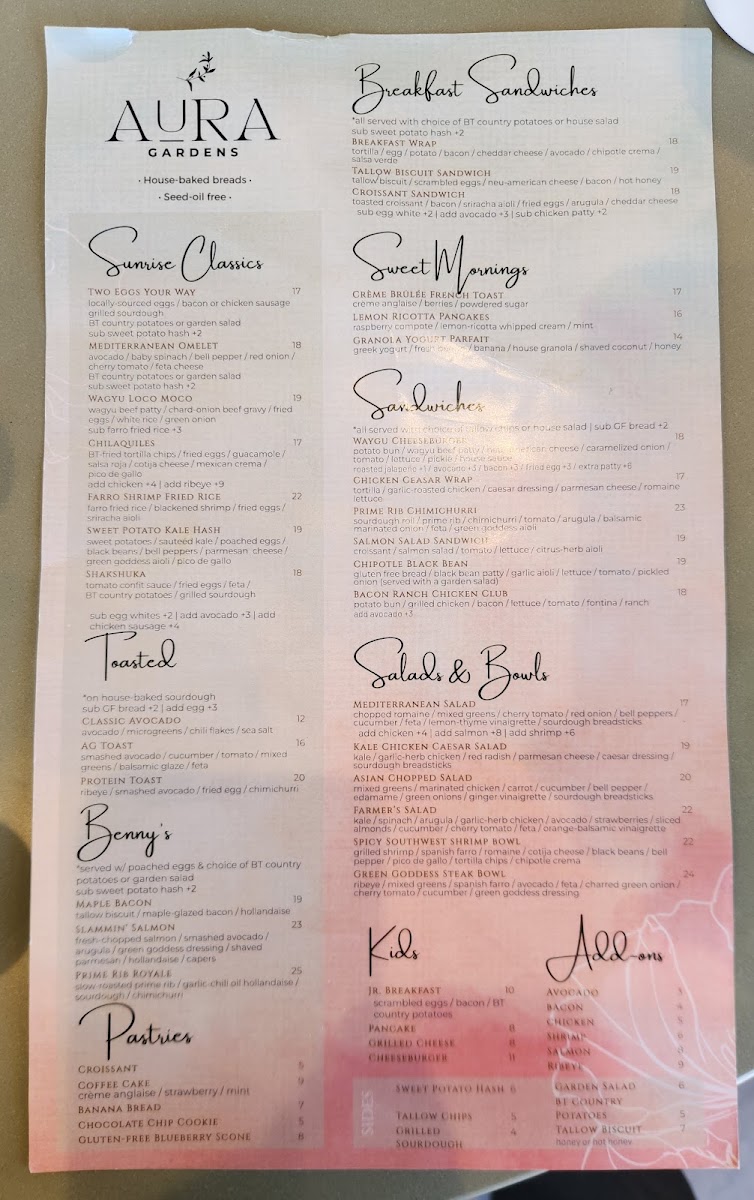 Aura Gardens menu board