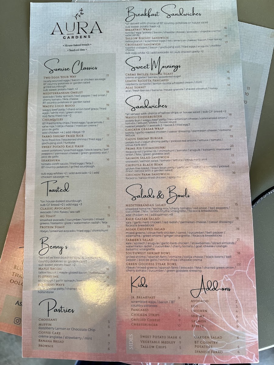 Aura Gardens menu board