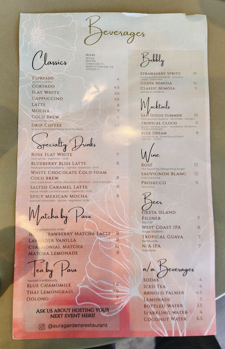 Aura Gardens menu board