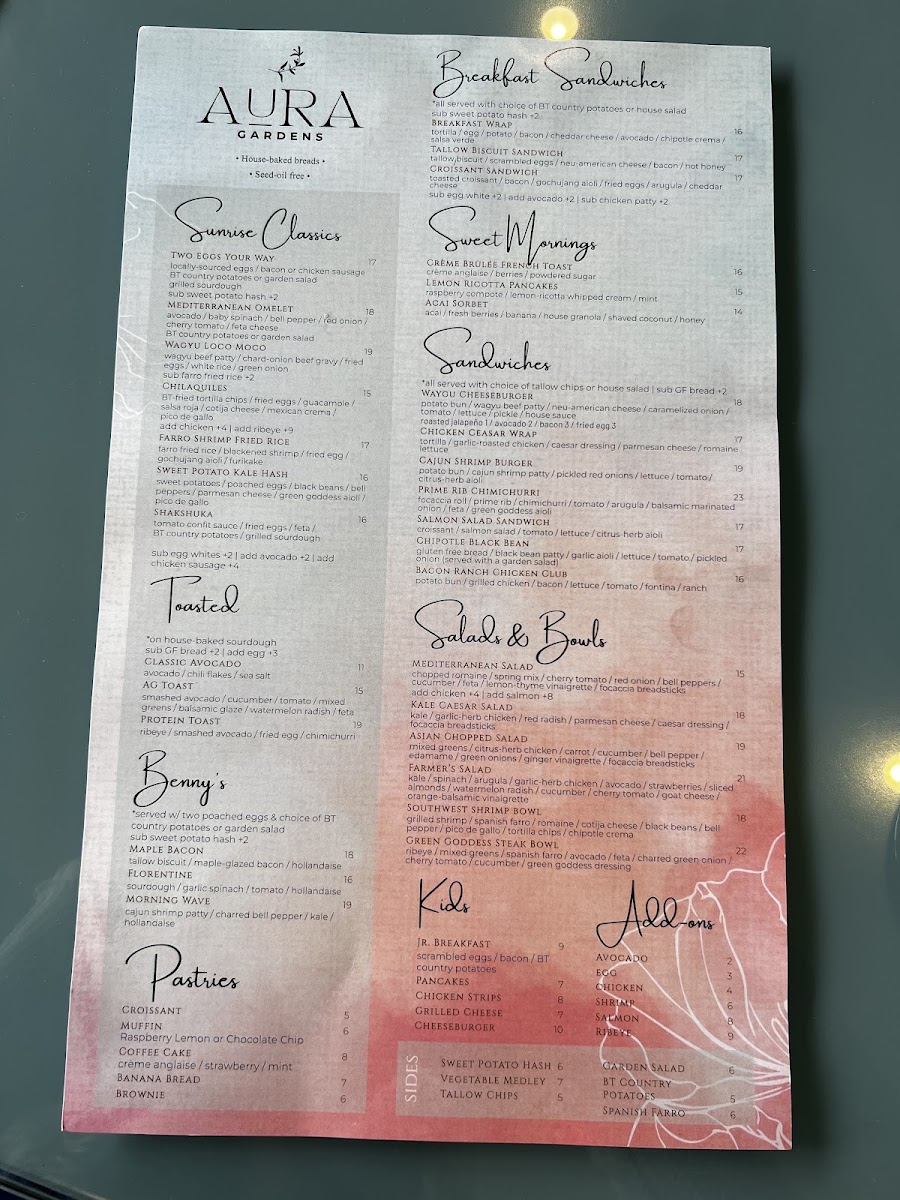Aura Gardens menu board