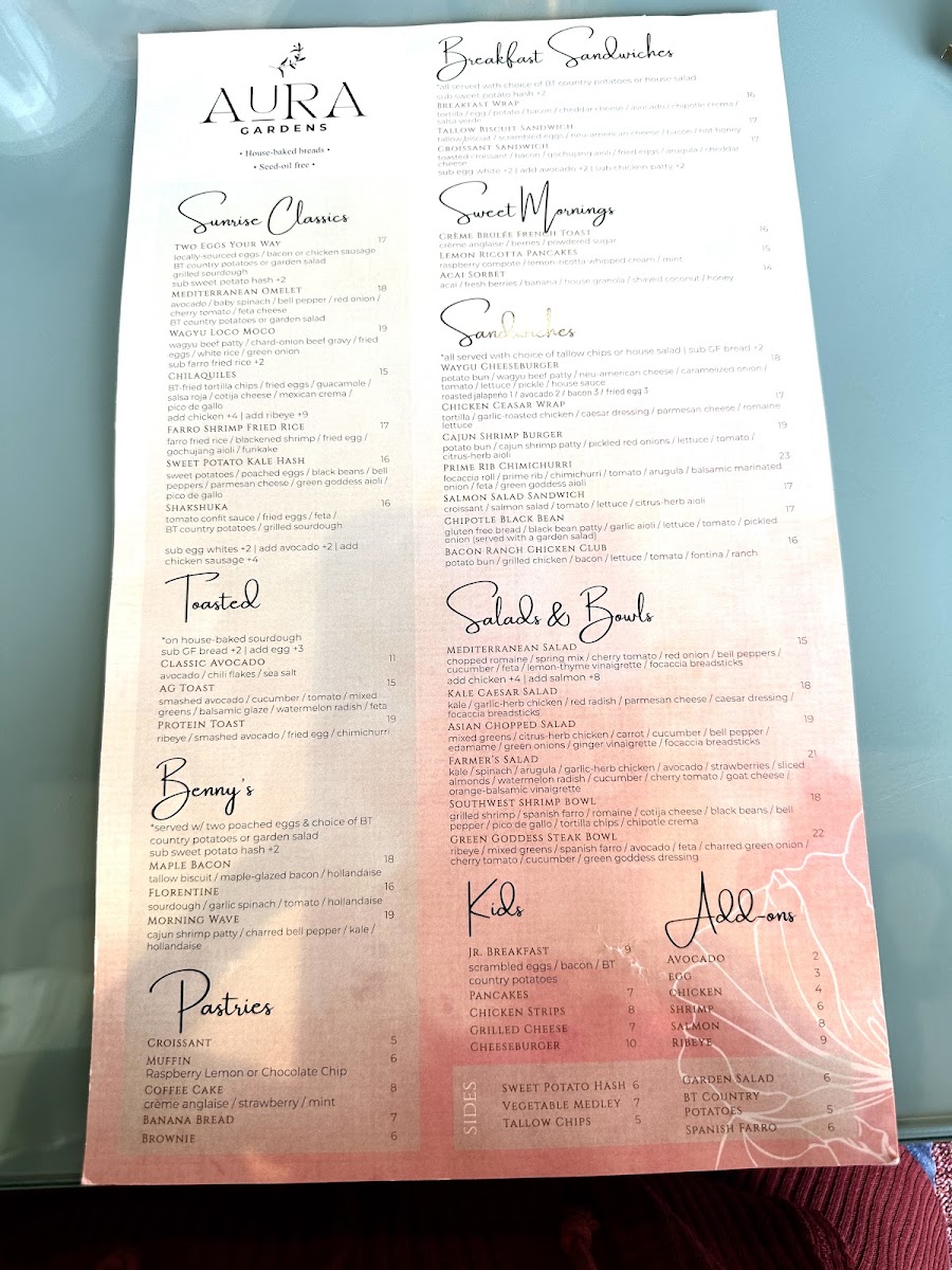 Aura Gardens menu board
