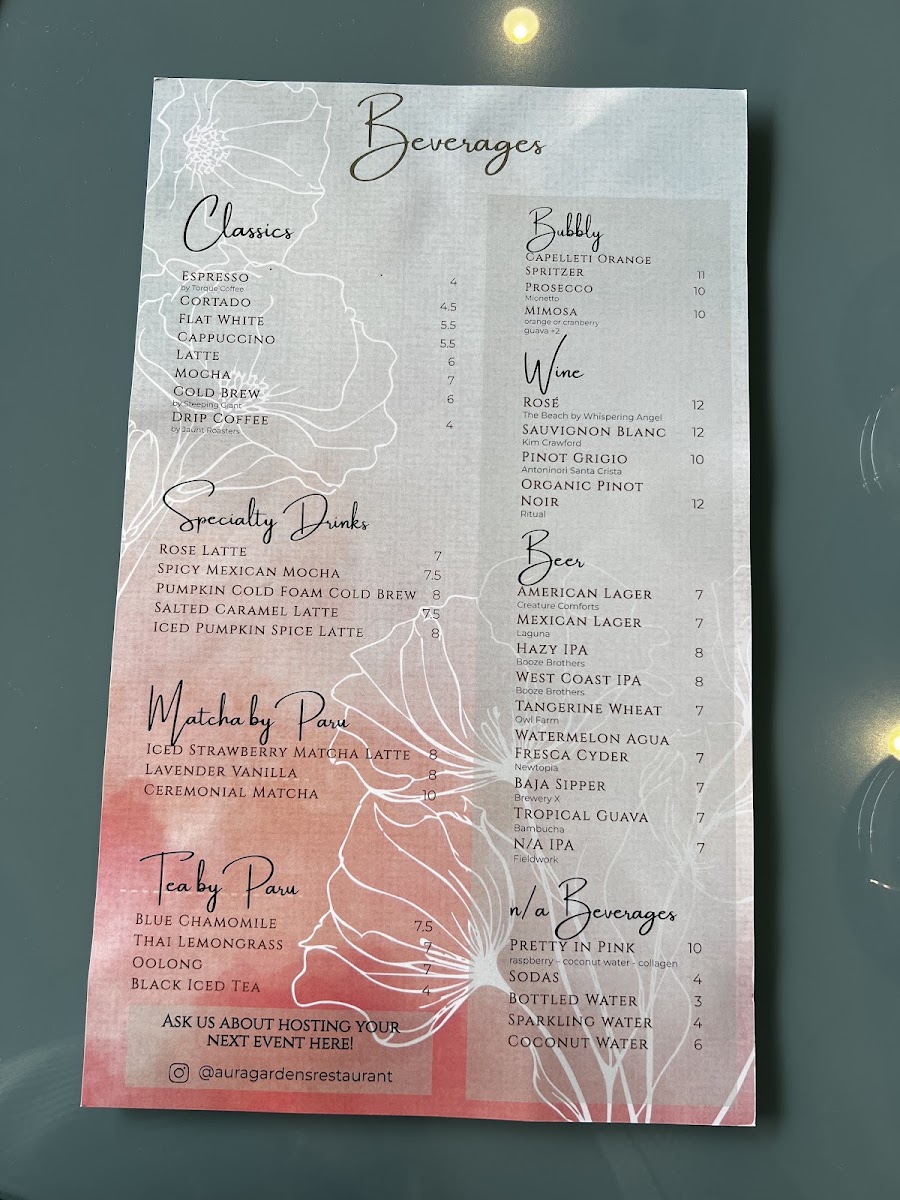 Aura Gardens menu board