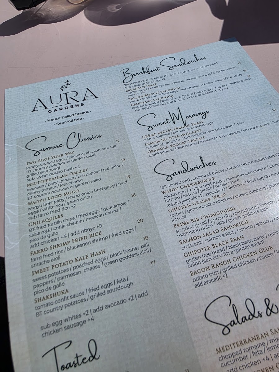 Aura Gardens menu board