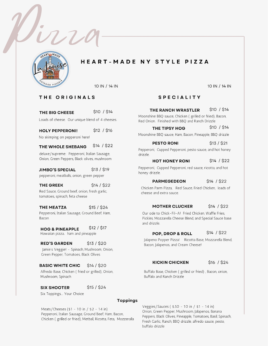 La Louise Pizzeria menu board