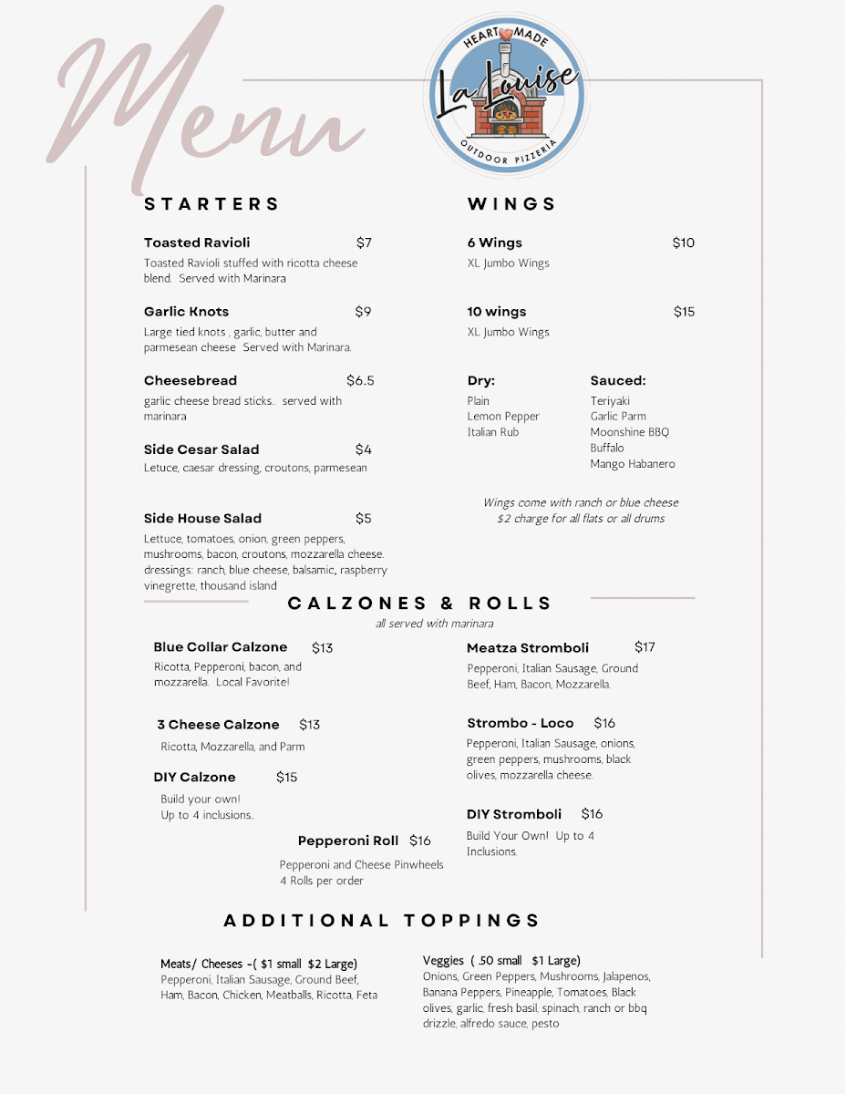 La Louise Pizzeria menu board