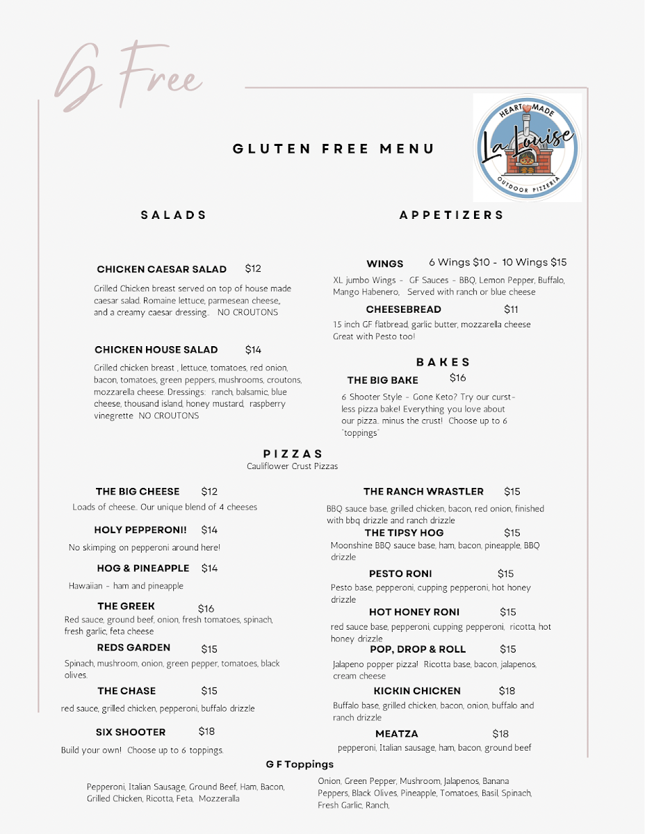 La Louise Pizzeria menu board