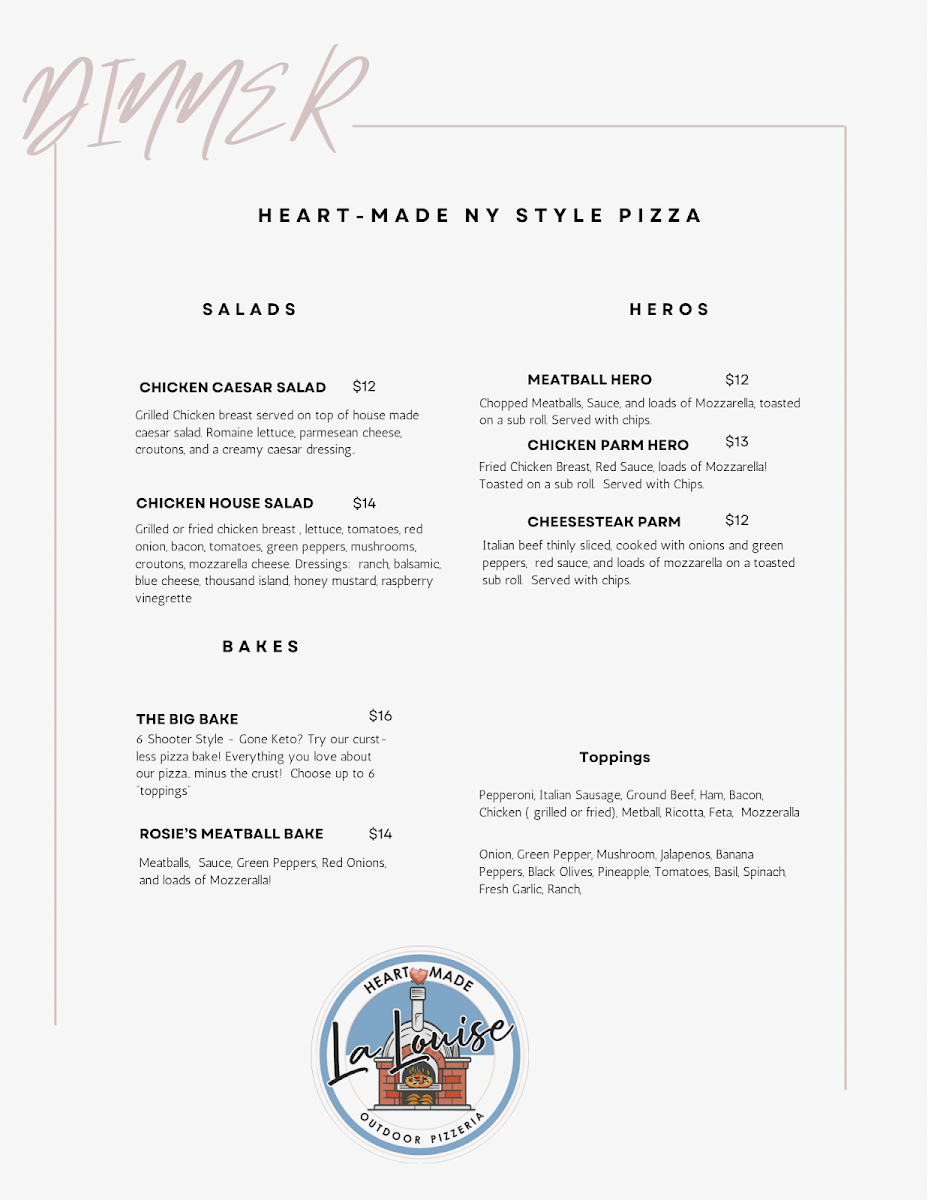 La Louise Pizzeria menu board