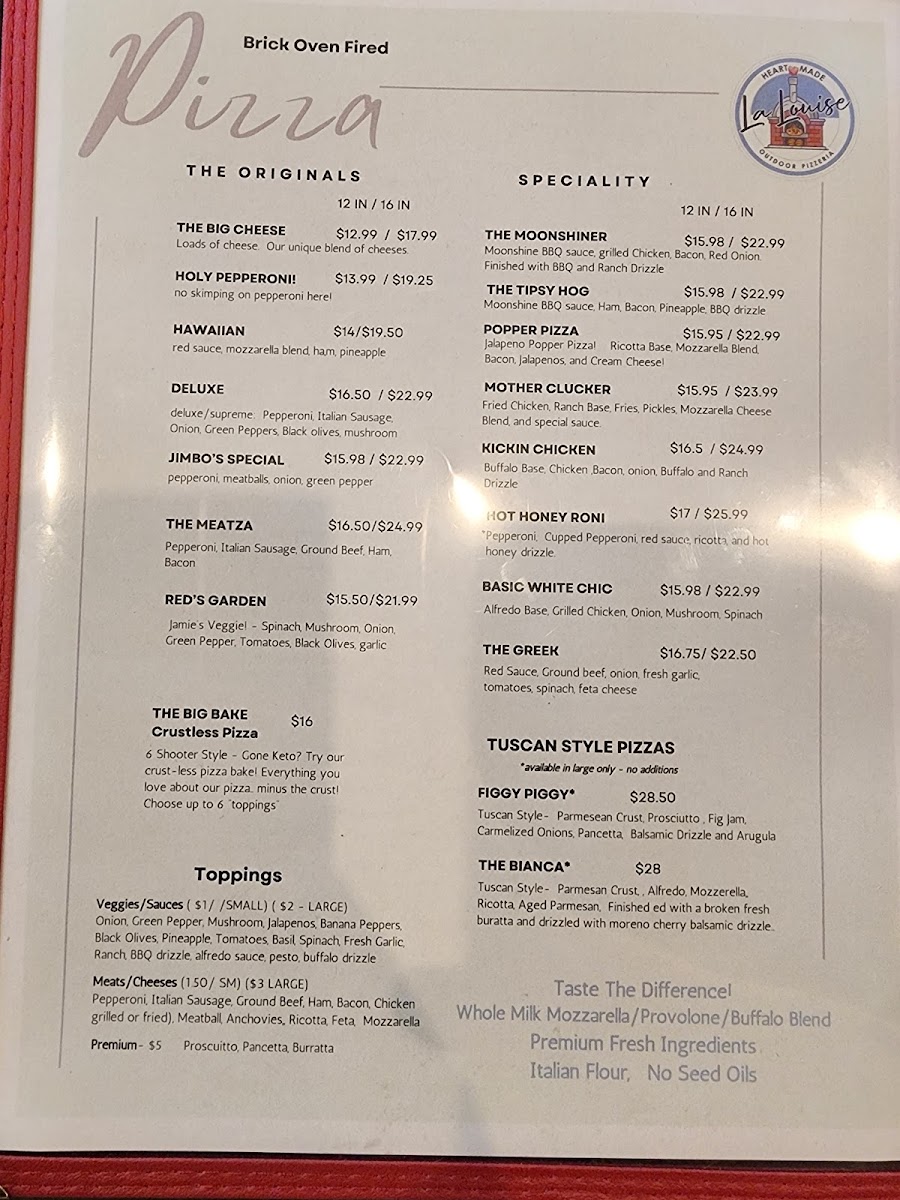 La Louise Pizzeria menu board