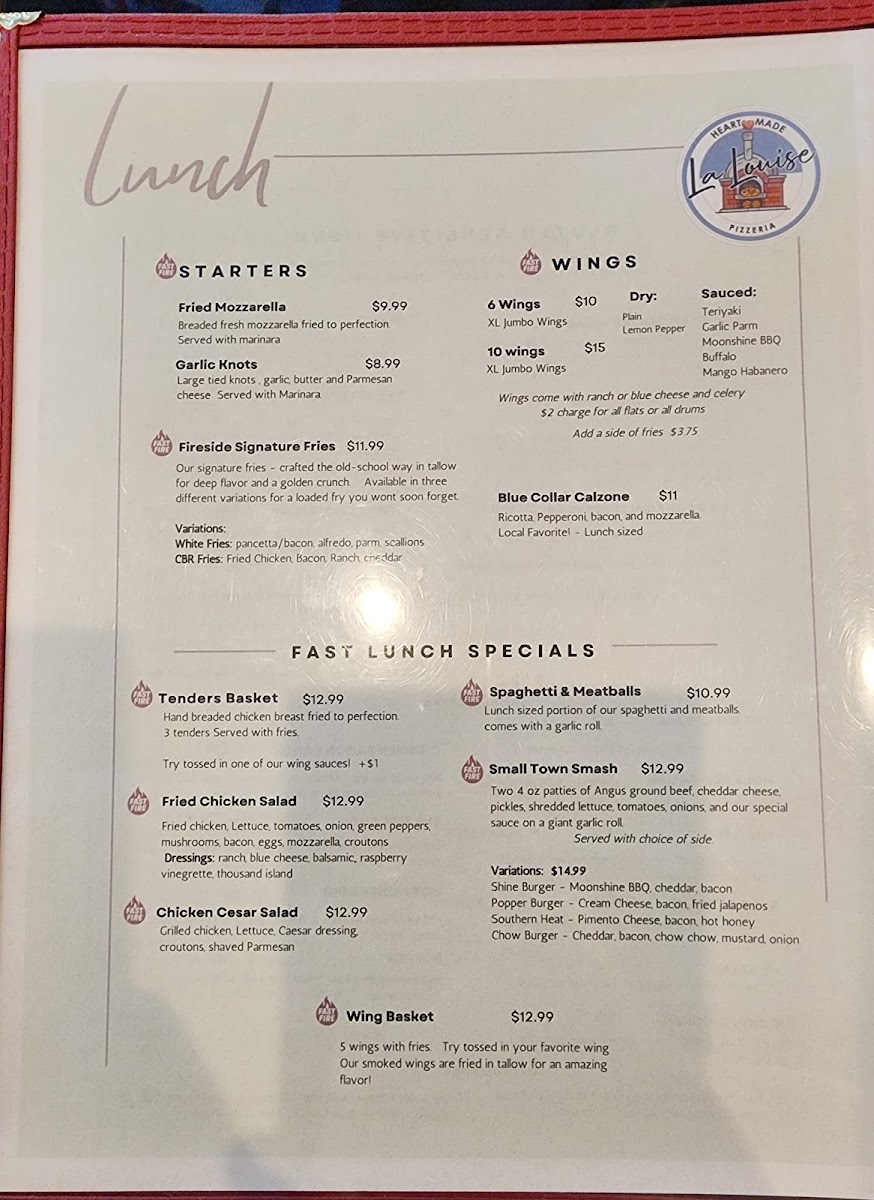 La Louise Pizzeria menu board