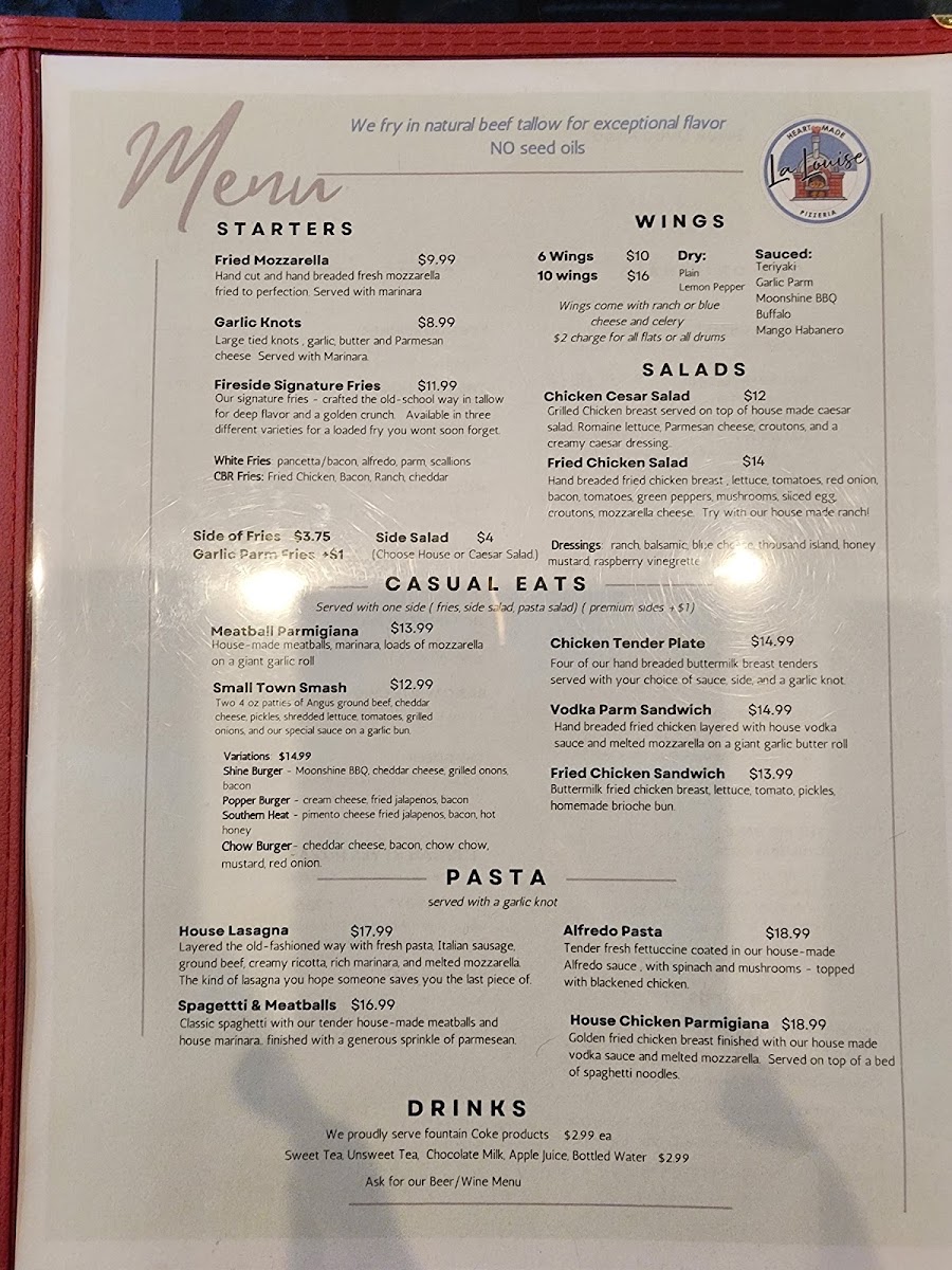 La Louise Pizzeria menu board