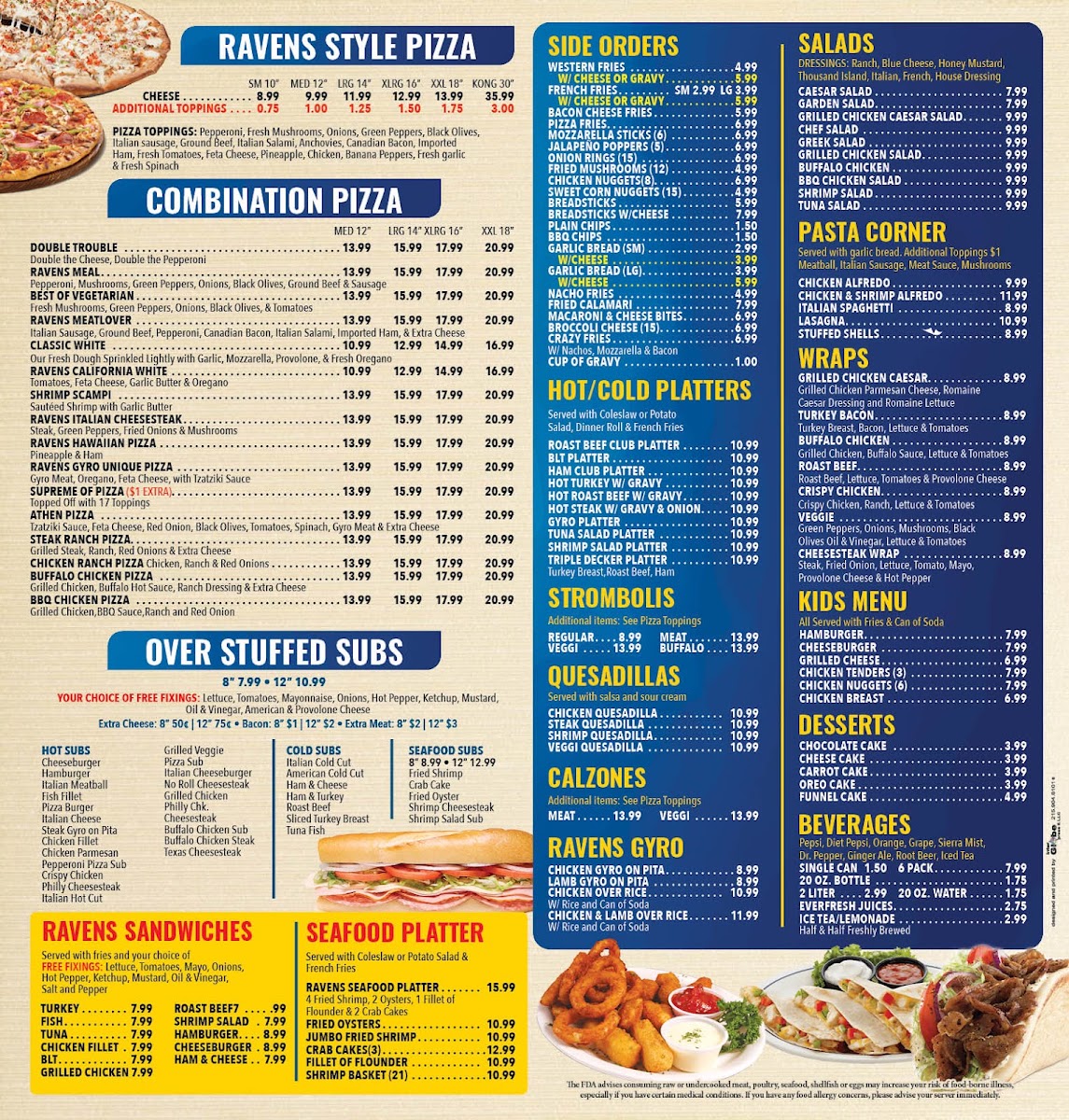 New Ravens Pizza menu board