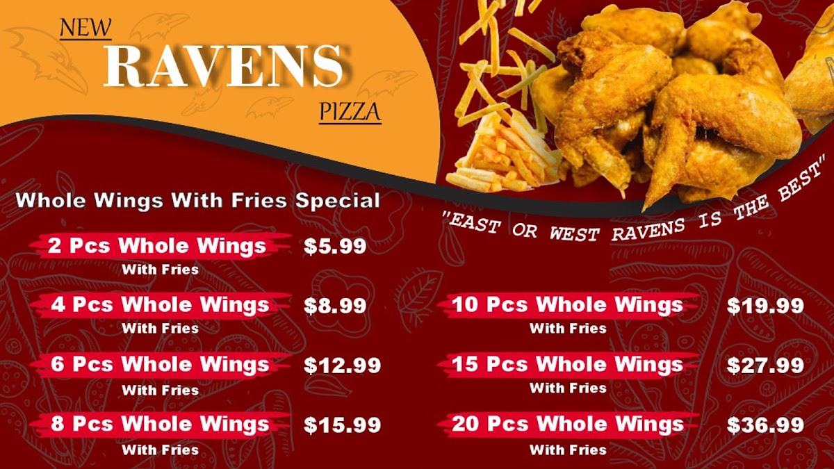 New Ravens Pizza menu board