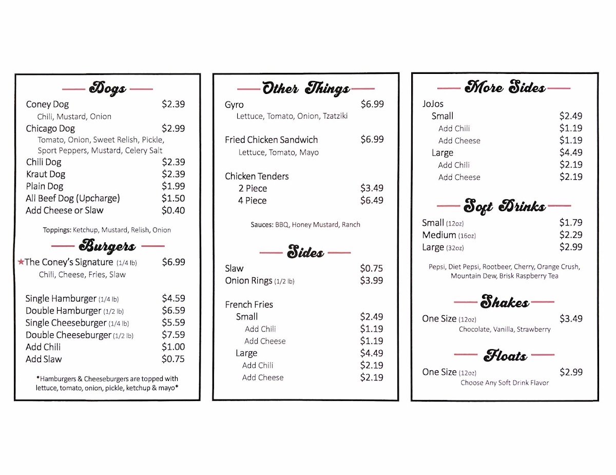Coney's menu board