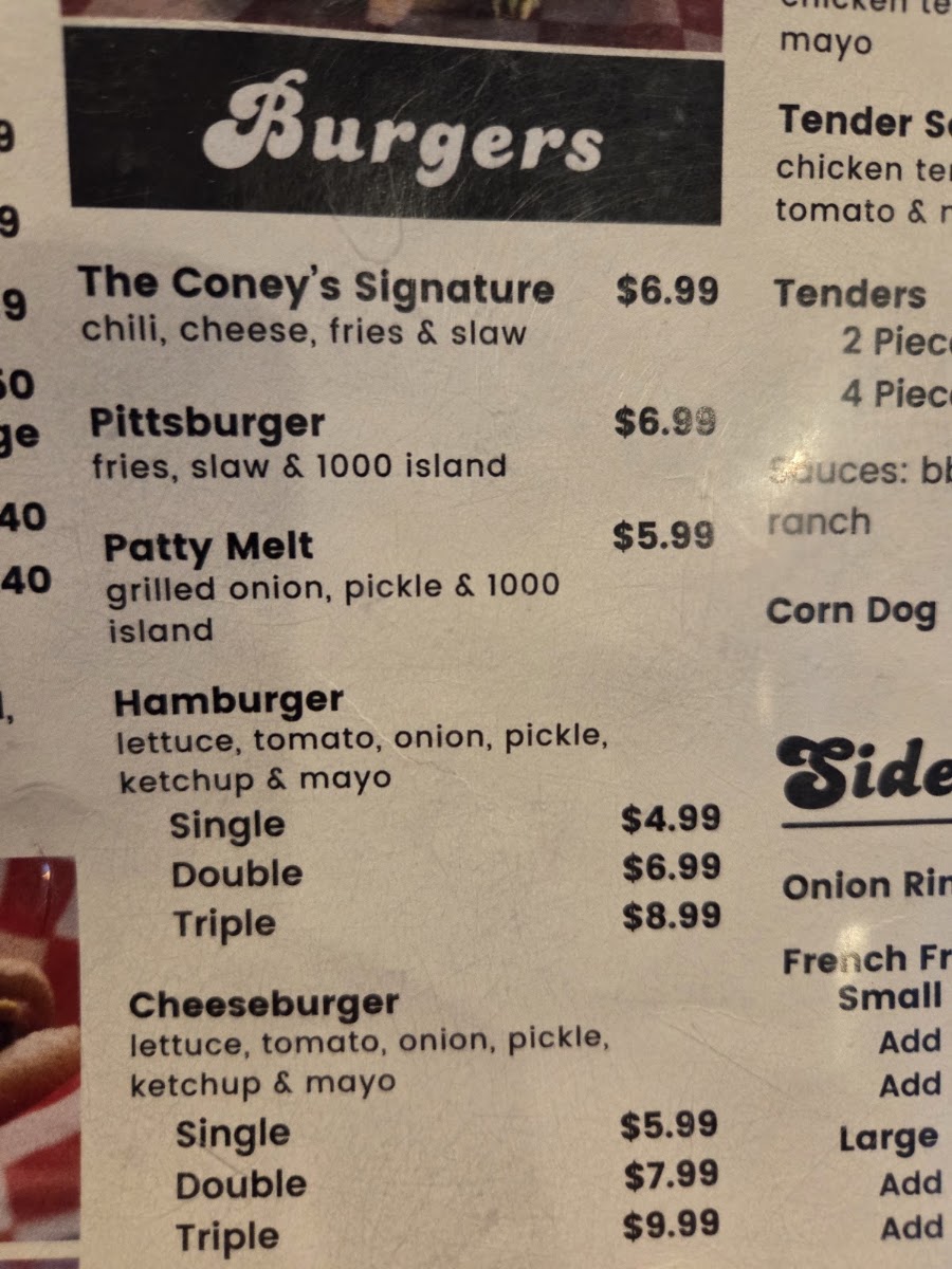 Coney's menu board