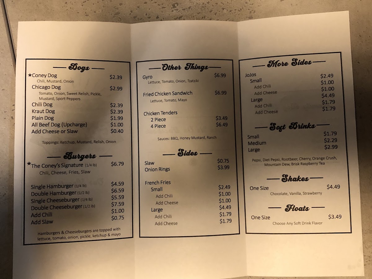 Coney's menu board