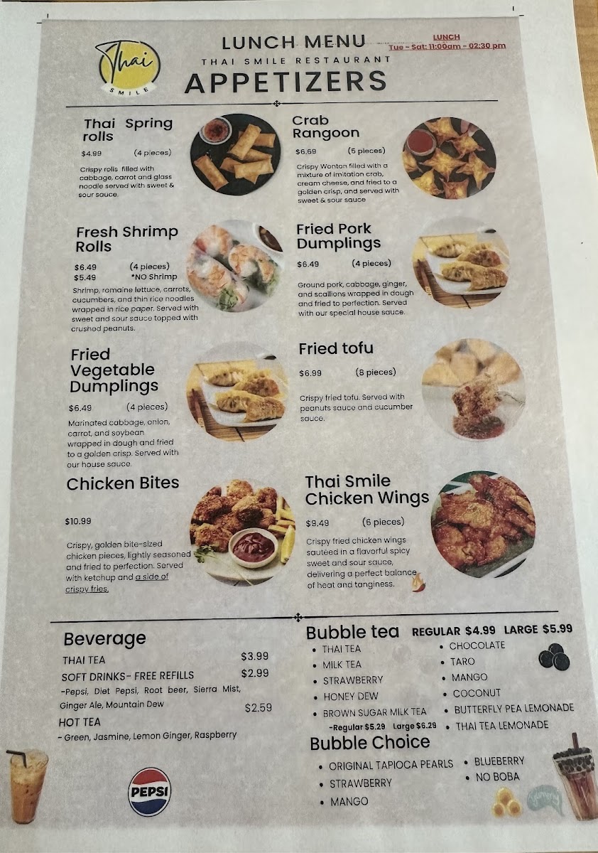 Thai Smile menu board