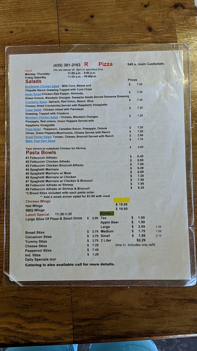R Pizza Place menu board