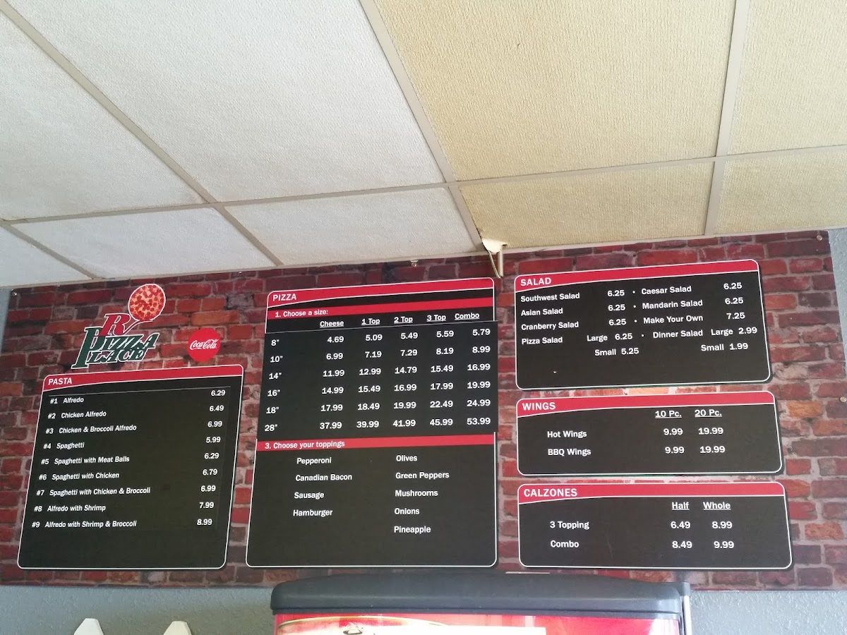 R Pizza Place menu board
