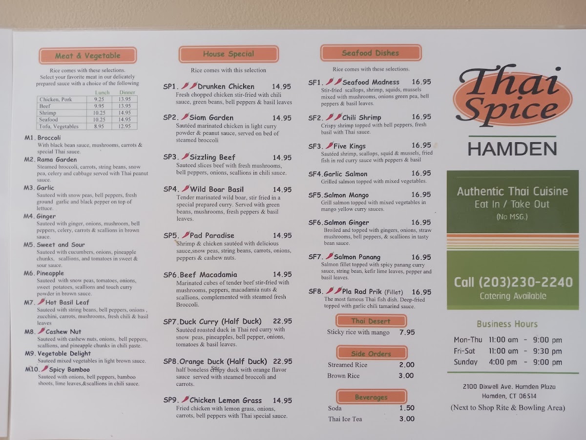 Thai Spice Restaurant menu board
