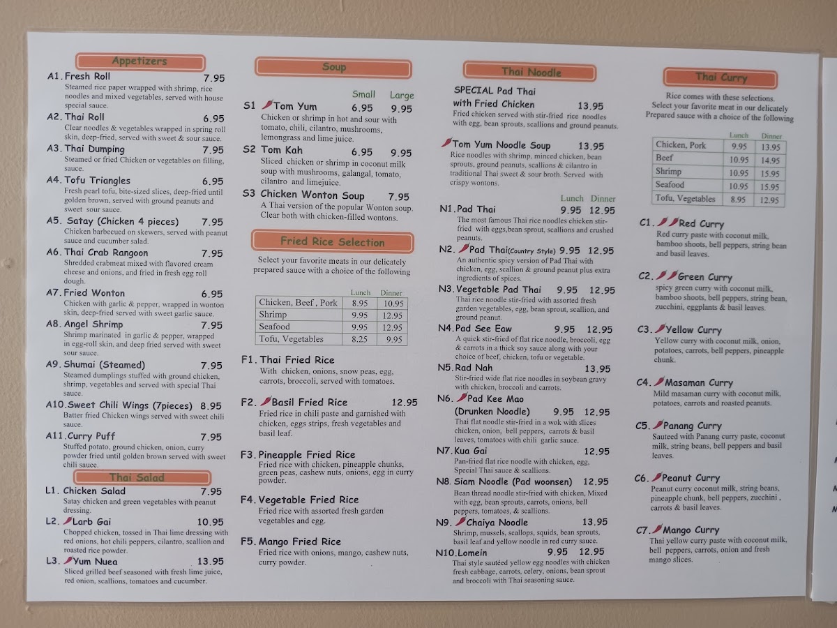 Thai Spice Restaurant menu board