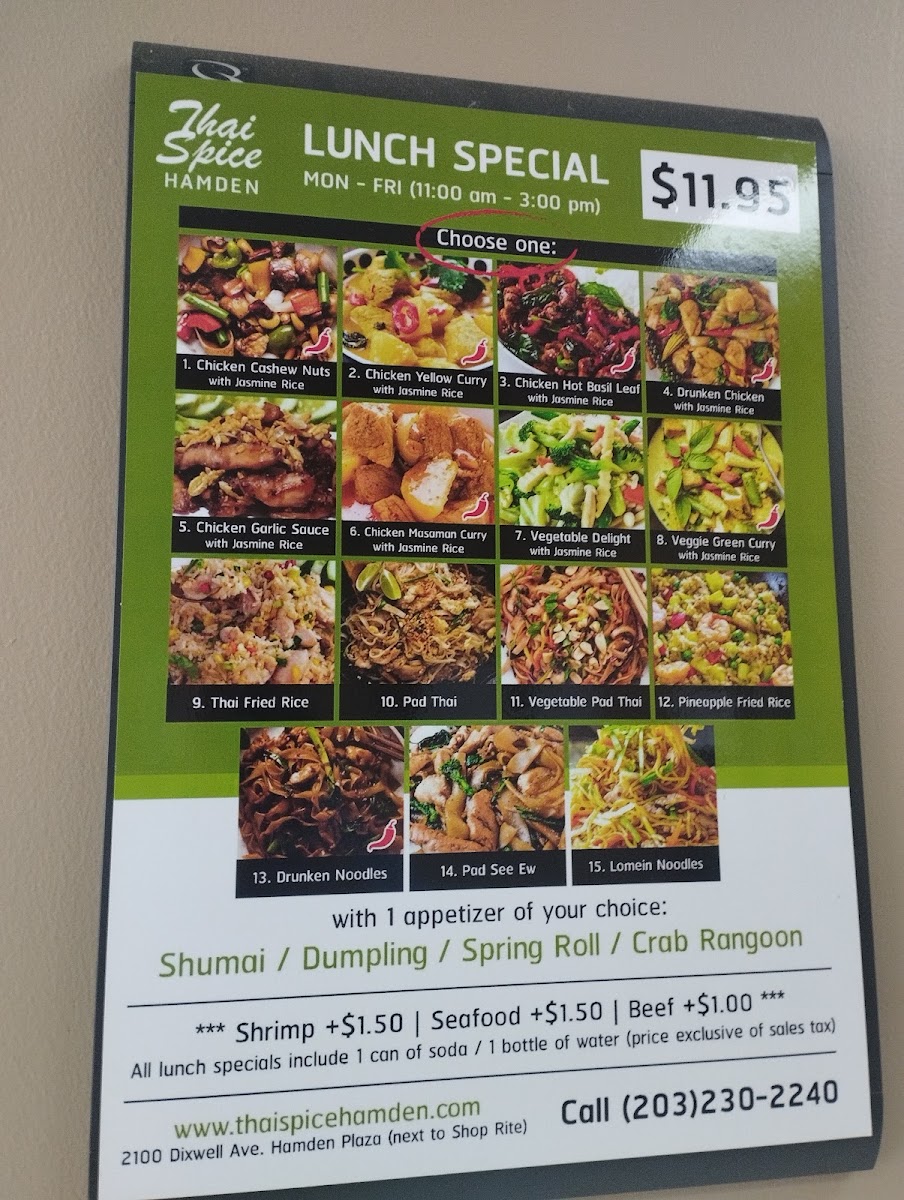 Thai Spice Restaurant menu board