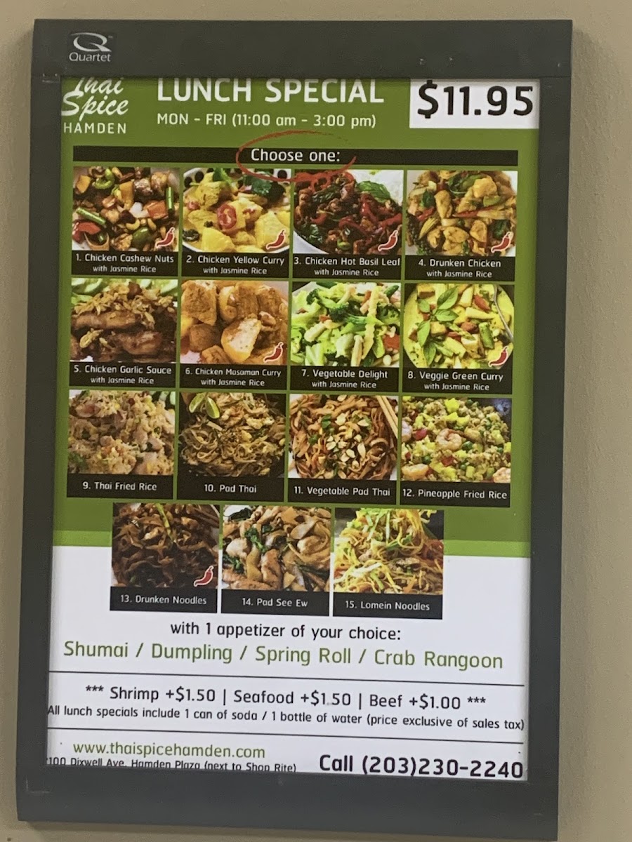 Thai Spice Restaurant menu board