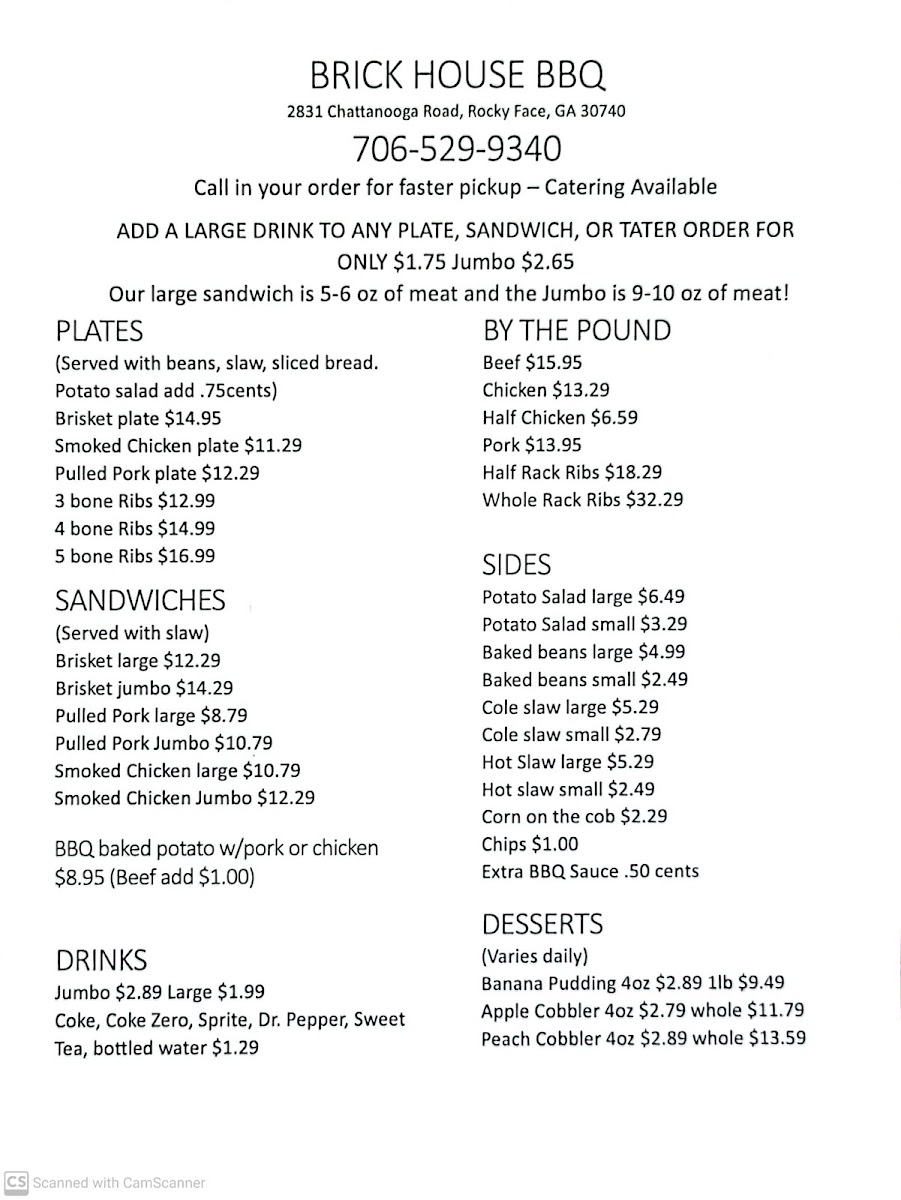 Brick House BBQ menu board